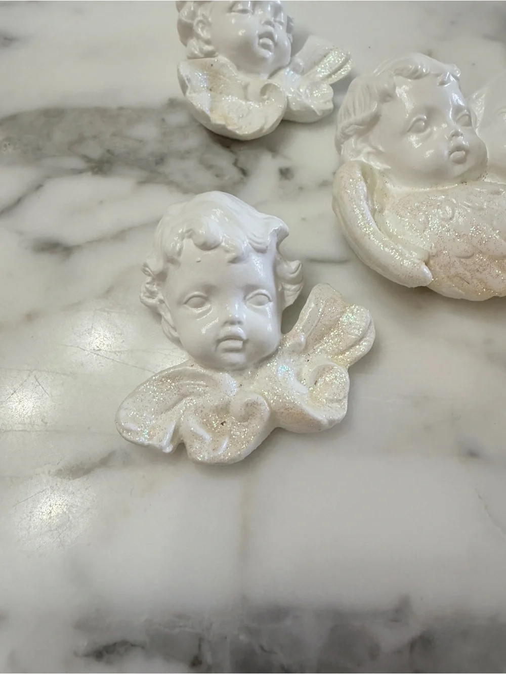 Vintage 80’s Scioto White Ceramic Cherub Plaques with Iridescent Wings Set of 5